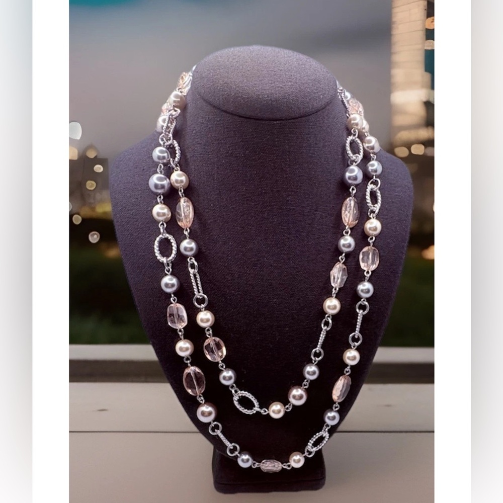 Vintage Pink Gray & Champange Faux Pearl Beaded Necklace Silvertone Links 48”